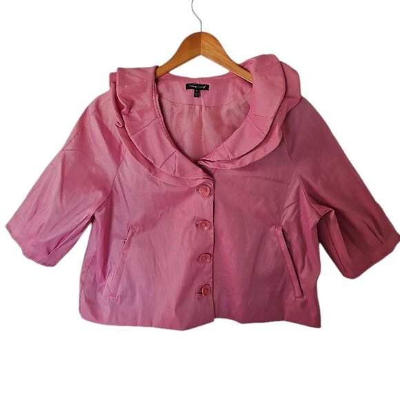 Samuel Dong Pink Glam Party Ruffle‎ 3/4 Sleeve Cropped Jacket L Large - Picture 3 of 13